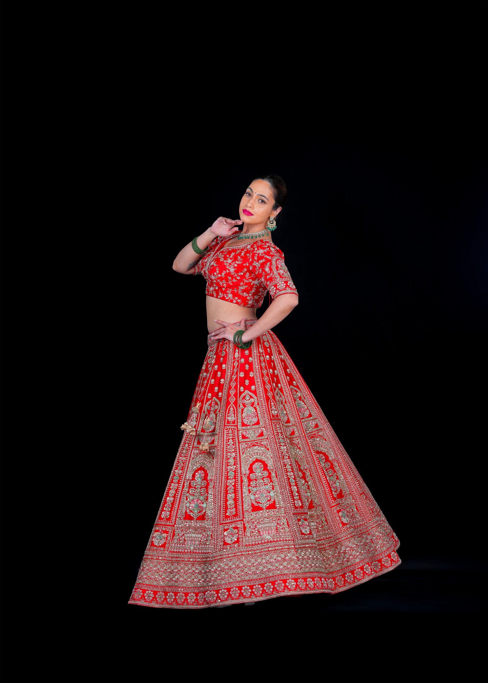 Red Pearl work embroidered Bridal lehenga - Image 2