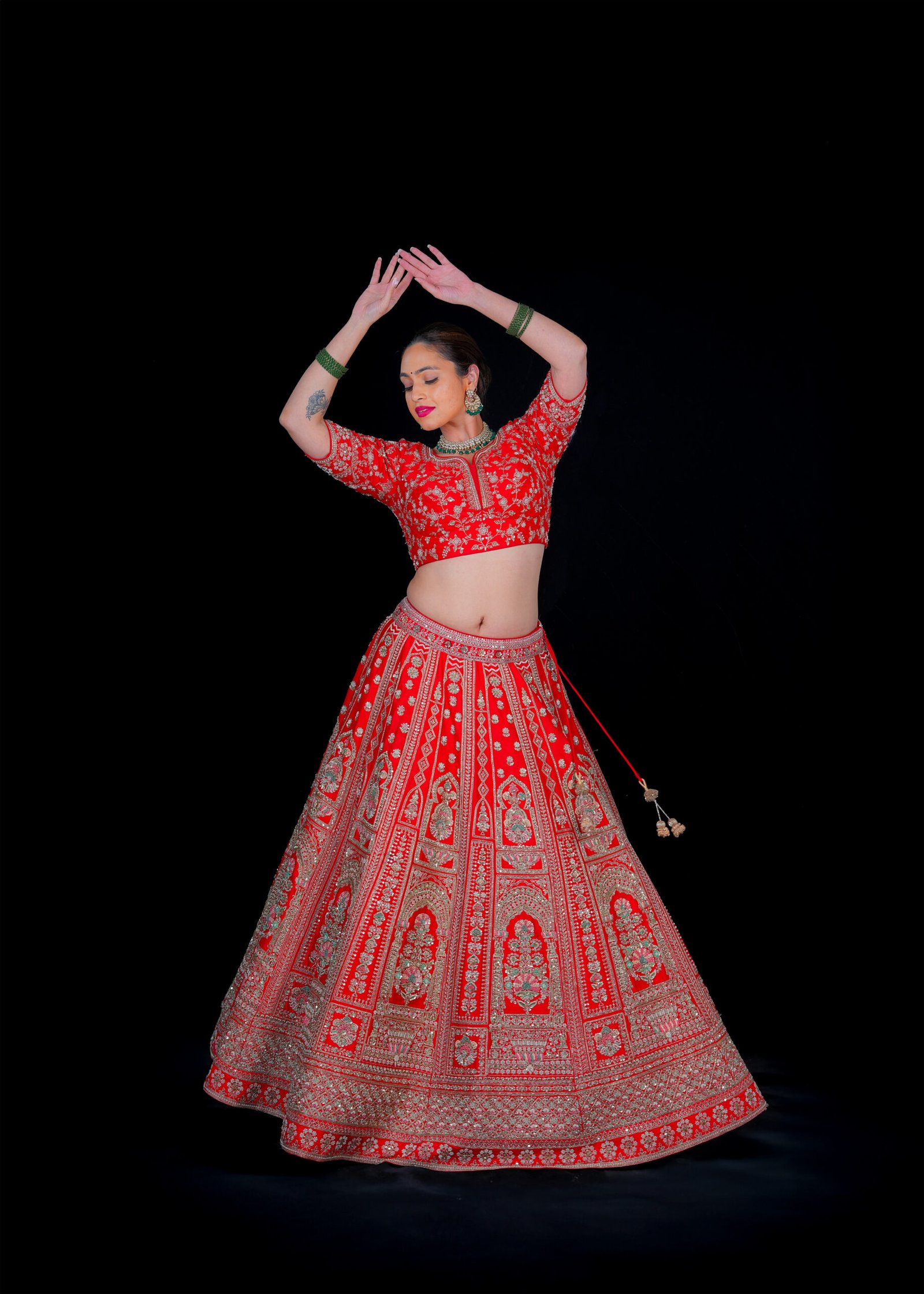 Red Pearl work embroidered Bridal lehenga - Image 3
