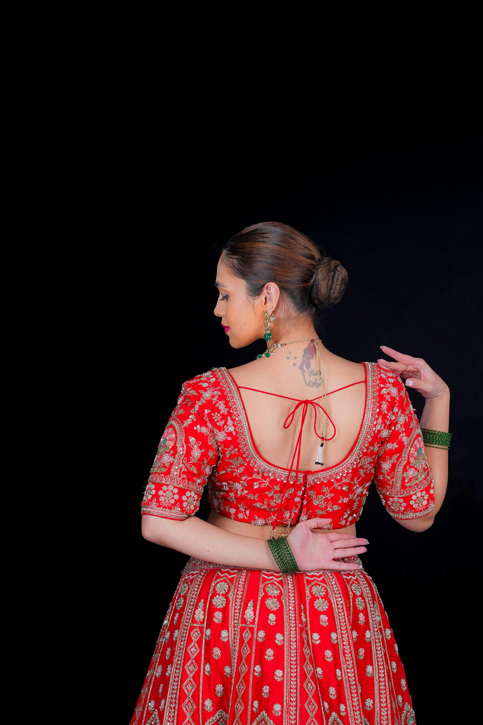 Red Pearl work embroidered Bridal lehenga - Image 4