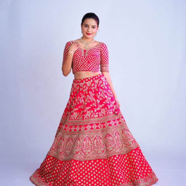 Red color Raw Silk Bridal lehenga